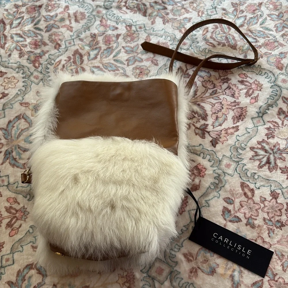 CARLISLE COLLECTION Genuine Shearling Fur Bag Leather Toscana $448 New NWT ivory - Picture 4 of 13